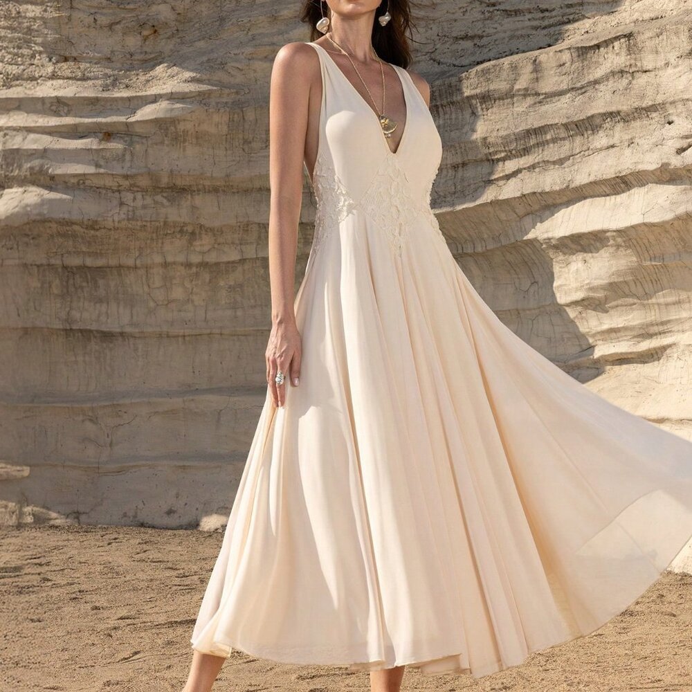 Apricot Elegant Women's Maxi Dress Deep V-Neck Mesh Patchwork Backless A-Line - Picture 6 of 6